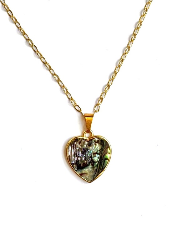 Vintage Jewelry - Gold Heart Abalone Pendant Necklace - Iridescent Shell
